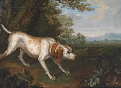 Un perro de caza oliendo la presa en un paisaje de Philipp Ferdinand de Hamilton